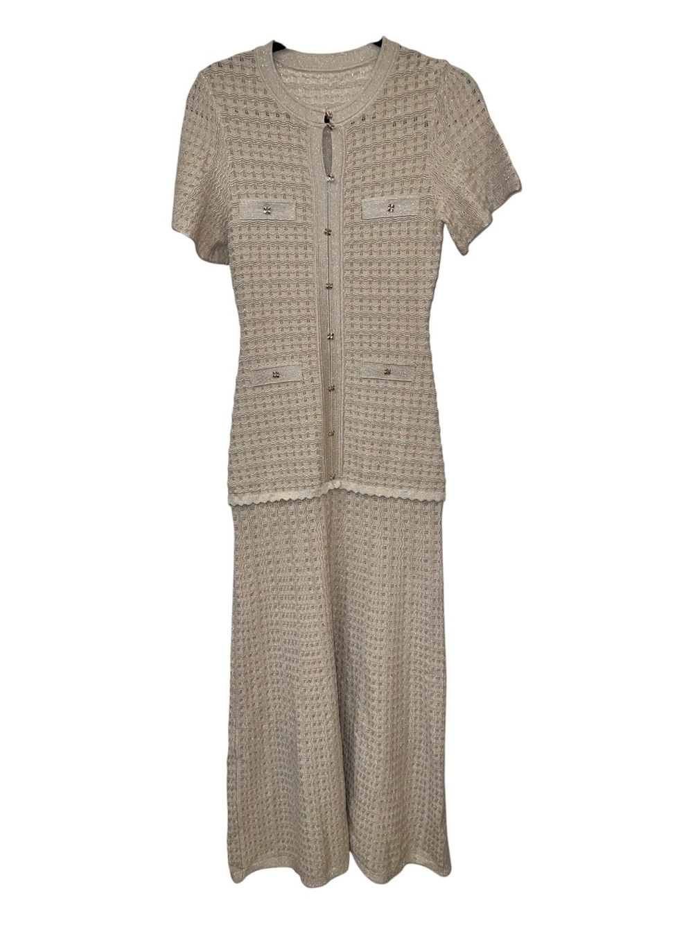 COMMENSE Short Sleeve Crochet Knit Mermaid Maxi Dress Khaki Gold Size S NWT - Picture 4 of 13